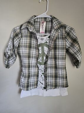 Knitworks Girls Green and White Plaid Button-Down Shirt with Peace Sign Tank.